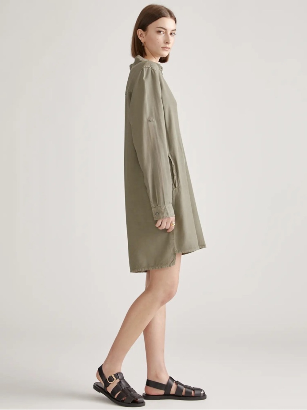 Quince Olive Gray Vintage Wash Tencel Roll Sleeve Tunic Dress Medium - Picture 3 of 11